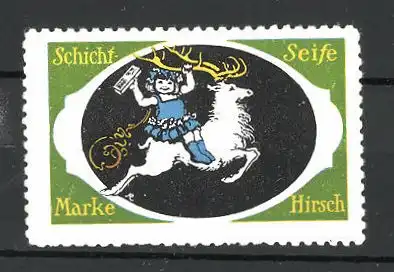 Reklamemarke Schicht-Seife der Marke "Hirsch", Mädchen reitet auf weissen Hirsch
