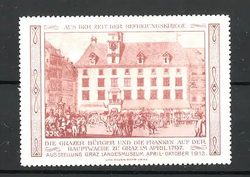 Reklamemarke Serie: Befreiungskriege, Grazer Bürger und die Franken auf der Hauptwache zu Graz 1797, rot