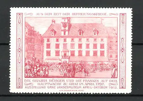 Reklamemarke Serie: Befreiungskriege, Grazer Bürger und die Franken auf der Hauptwache zu Graz 1797, rot