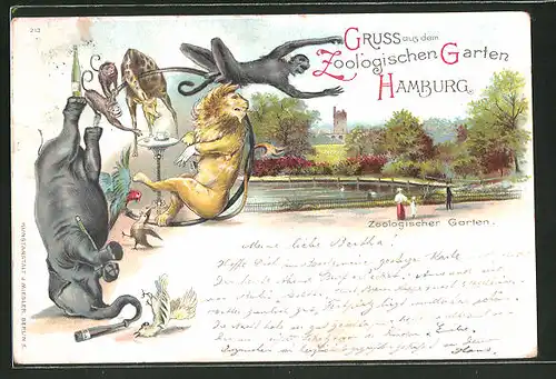 Lithographie Hamburg, Zoologischer Garten, Betrunkene Tiere, Elefant, Löwe, Giraffe