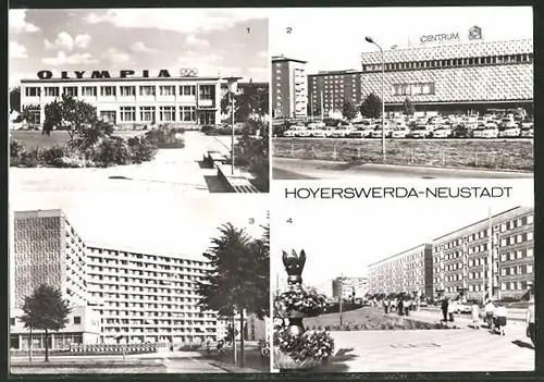 AK Hoyerswerda-Neustadt, HO-Gaststätte "Olympia", Centrum-Warenhaus, Wohnkomplex IX Liselotte-Herrmann-Strasse