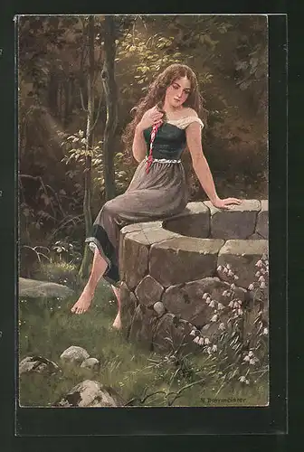 Künstler-AK R. Borrmeister: Mädchen am Brunnen im Wald