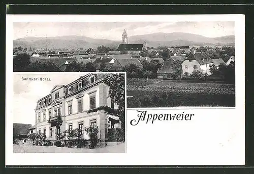 AK Appenweier, Ortsansicht mit Kirche, Bahnhof-Hotel