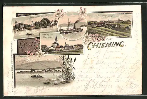 Lithographie Chieming, Fraueninsel, Seeansicht mit Pfarrhof, Pfarrkirche, Gesamtansicht