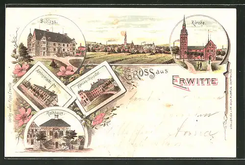 Lithographie Erwitte, Kirche, Schloss, Amtsgericht, Marien-Hospital, Rathhaus