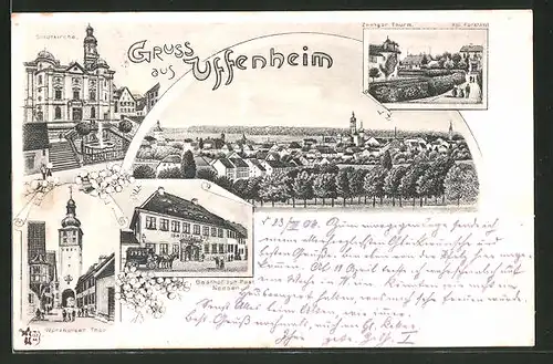 Lithographie Uffenheim, Ortsansicht, Stadtkirche, Gasthof zur Post, Würzburger Turm und Postamt
