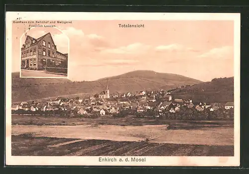 AK Enkirch / Mosel, Gasthaus zum Bahnhof, Ortspanorama mit Kirche