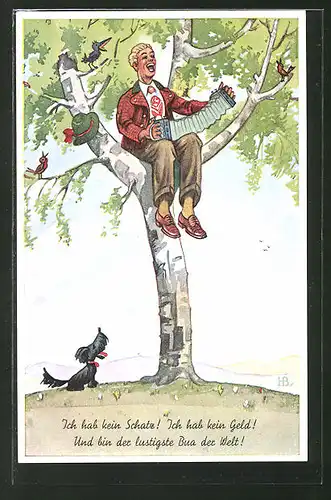 Künstler-AK Hans Boettcher: Mann sitzt auf einem Baum und singt, Hund steht darunter und schaut zu