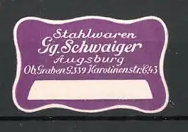 Reklamemarke Stahlwaren Schwaiger in Augsburg