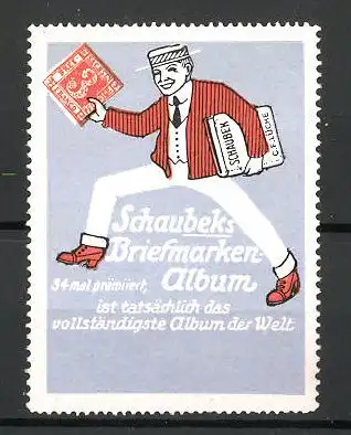 Reklamemarke Schaubeks Briefmarkenalbum, Mann mit Album und Briefmarken