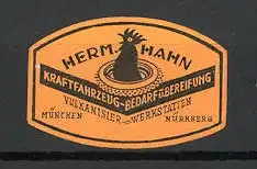 Reklamemarke Kraftfahrzeug Bedarfsbereifung, Vulkanisierwerkstätten Herm. Hahn in München und Nürnberg
