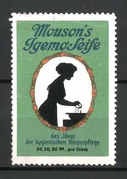 Reklamemarke Mouson's Igemo-Seife, "Das Ideal!", Frau am Waschbecken