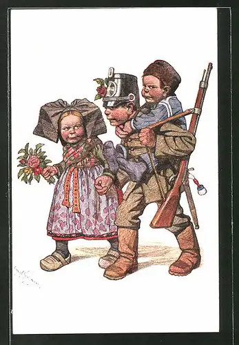 Künstler-AK Emil Beithan: Junge als Soldat verkleidet trägt einen anderen Jungen, Mädchen läuft daneben