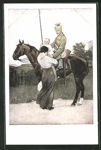 Künstler-AK Brynolf Wennerberg: "Abschied", Frau mit Kind verabschiedet Soldaten zu Pferde