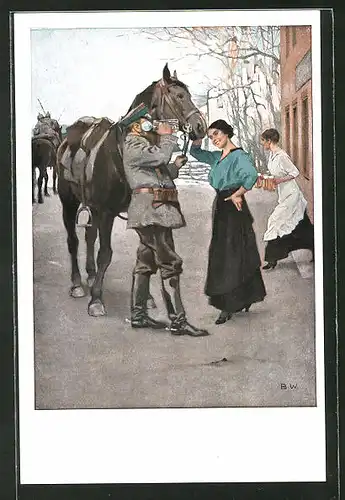 Künstler-AK Brynolf Wennerberg: "Ein frischer Trunk", Soldat mit Pferd vor einer Schänke trinkt Bier