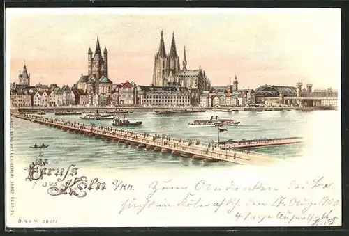 Lithographie Köln a. Rh., Blick über den Rhein zum Dom, Halt gegen das Licht: beleuchtete Fenster