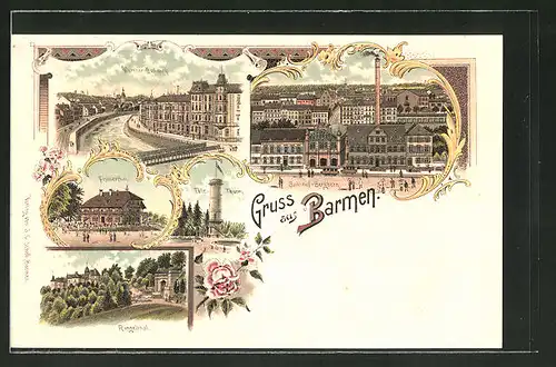 Lithographie Barmen, Gasthof Fischerthal, Tölle-Thurm, Bahnhof-Bergbahn