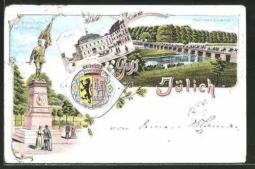 Lithographie Jülich, Rathaus, Kriegerdenkmal auf dem Schlossplatz, Roerbrücke