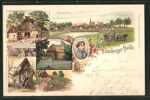 Lithographie Hermannsburg, Lüneburger Bauernhaus, Alter Speicher, Mühle, Hermannsburgerin in früherer Tracht