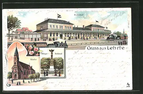 Lithographie Lehrte, Bahnhof, Kirche, Krieger-Denkmal