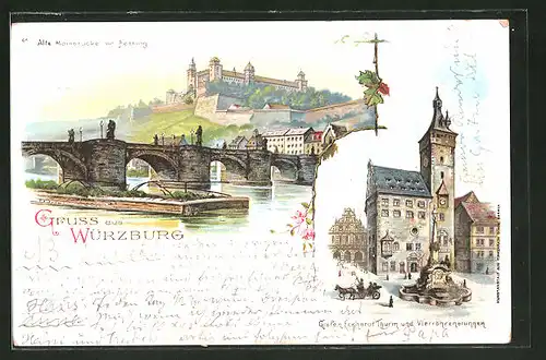 Lithographie Würzburg, Alte Mainbrücke mit Festung, Grafen Eckhardt Thurm und Vierröhrenbrunnen