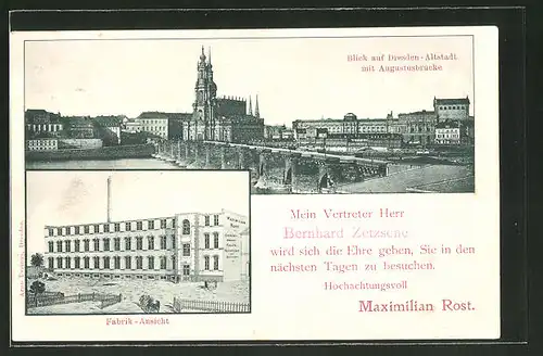 AK Dresden-Neustadt, Maximilian Rost, Hosenträger- und Bandagen-Fabrik, Görlitzer Str. 28, Augustusbrücke