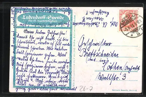 Künstler-AK Ludwig Hohlwein: Ludendorf-Spende, durch den Krieg versehrter Soldat mit Werkzeug