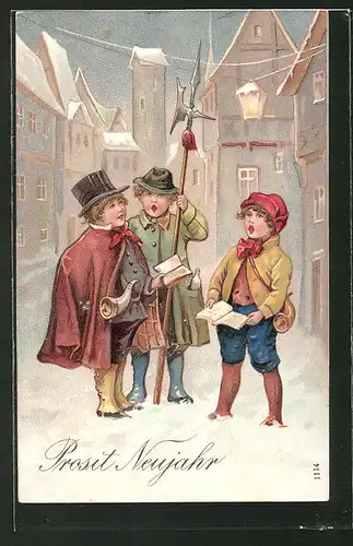 Präge-AK "Prosit Neujahr!", Kinder als Nachtwächter auf Marktplatz stehend