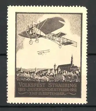 Reklamemarke Straubing, Volksfest zur Jahrhundertfeier 1912, Doppeldecker über der Stadt