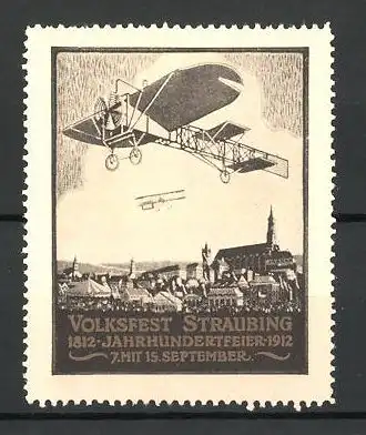 Reklamemarke Straubing, Volksfest zur Jahrhundertfeier 1912, Doppeldecker über der Stadt