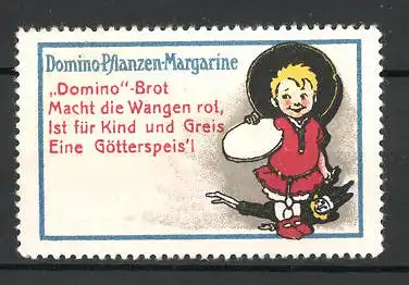 Reklamemarke Schicht's "Domino"-Pflanzenmargarine, "Macht die Wangen rot!", Knabe mit Butterbrot und Puppe