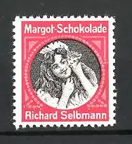 Reklamemarke "Margot"-Schokolade der Firma Richard Selbmann, Mädchen-Porträt, rot