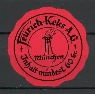 Präge-Reklamemarke "Freurich"-Keks AG, München, Feuerstelle, Marke in Form eines Siegels