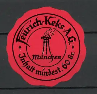 Präge-Reklamemarke "Freurich"-Keks AG, München, Feuerstelle, Marke in Form eines Siegels