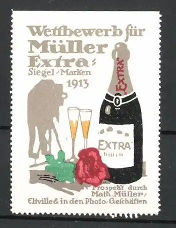 Reklamemarke "Müller Extra"-Sekt, "Wettbewerb für Müller Extra!", Flasche Sekt und Kamera