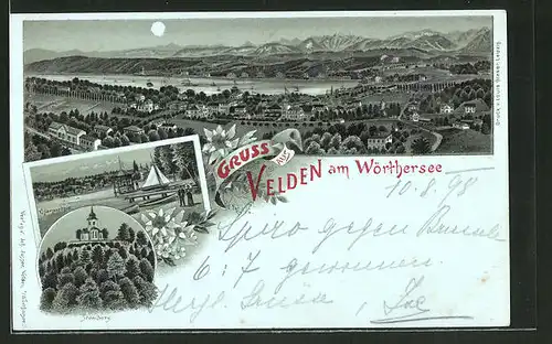 Mondschein-Lithographie Velden am Wörthersee, Panoramablick auf die Ortschaft, Sternberg, Uferpartie