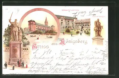 Lithographie Königsberg, Schloss-Hof & Kirche, Denkmal Kaiser Wilhelm I., Schloss, Albrecht Denkmal