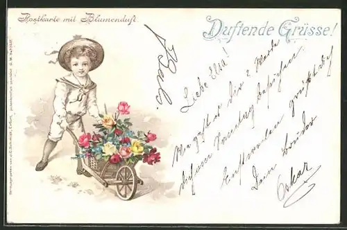 Duft-AK Postkarte mit Blumenduft, Knabe mit einer Karre voller Blumen