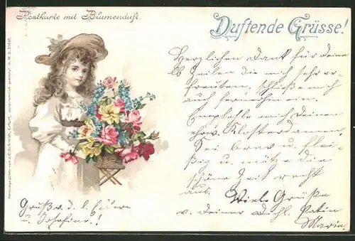 Duft-AK Postkarte mit Blumenduft, Mädchen mit Blumenkorb