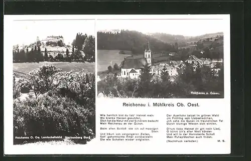 AK Reichenau i. Mühlkreis, Blick zur Starhemberg Burg, Teilansicht mit Kirche