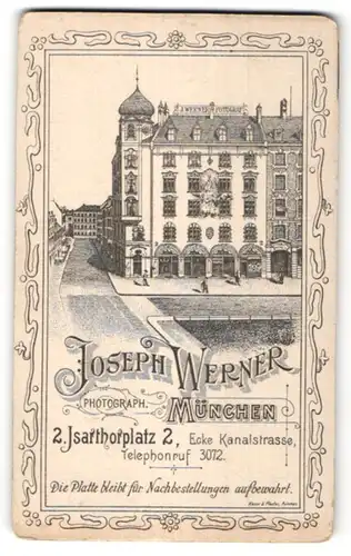 Fotografie Joseph Werner, München, rückseitige Ansicht München, Atelier Isarthorplatz 2, vorderseitige Portrait