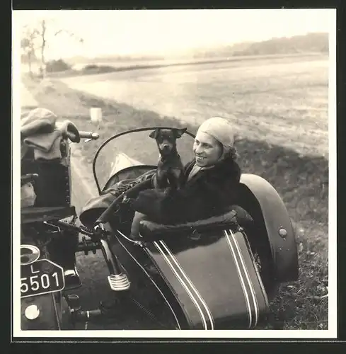 Fotografie Motorrad BMW mit Stoye-Seitenwagen, Frau mit Hund im Seitenwagen