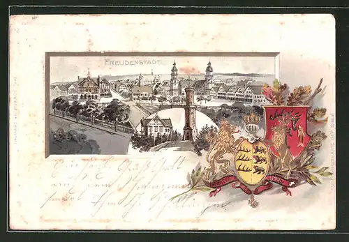 Präge-Passepartout-Lithographie Freudenstadt, Totalansicht mit Ortspartie und Wappen