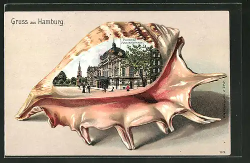 Passepartout-Lithographie Hamburg-St.Georg, Deutsches Schauspielhaus an der Kirchenallee, Ansicht auf Muschel