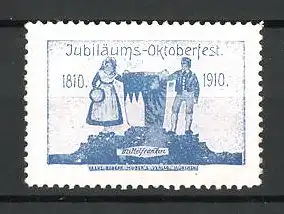 Reklamemarke Jubiläums-Oktoberfest, Paar in Mittelfranken-Tracht 1810-1910