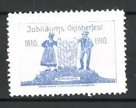 Reklamemarke Jubiläums-Oktoberfest, Paar in Niederbayern-Tracht 1810-1910