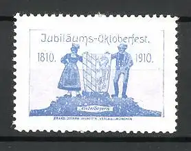 Reklamemarke Jubiläums-Oktoberfest, Paar in Niederbayern-Tracht 1810-1910