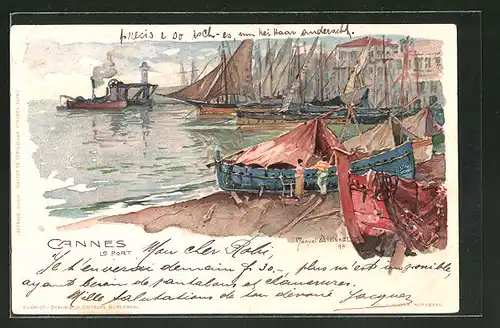 Künstler-Lithographie Manuel Wielandt: Cannes, le Port, der Hafen