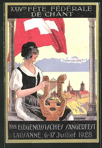 AK Lausanne, XXIV. Eidgenössisches Sängerfest 1928, Frau mit Harfe und schweizer Flagge