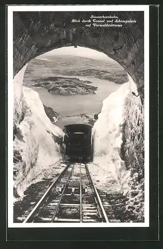 AK Stanserhornbahn, Blick durch Tunnel und Schneegalerie auf Vierwaldstättersee